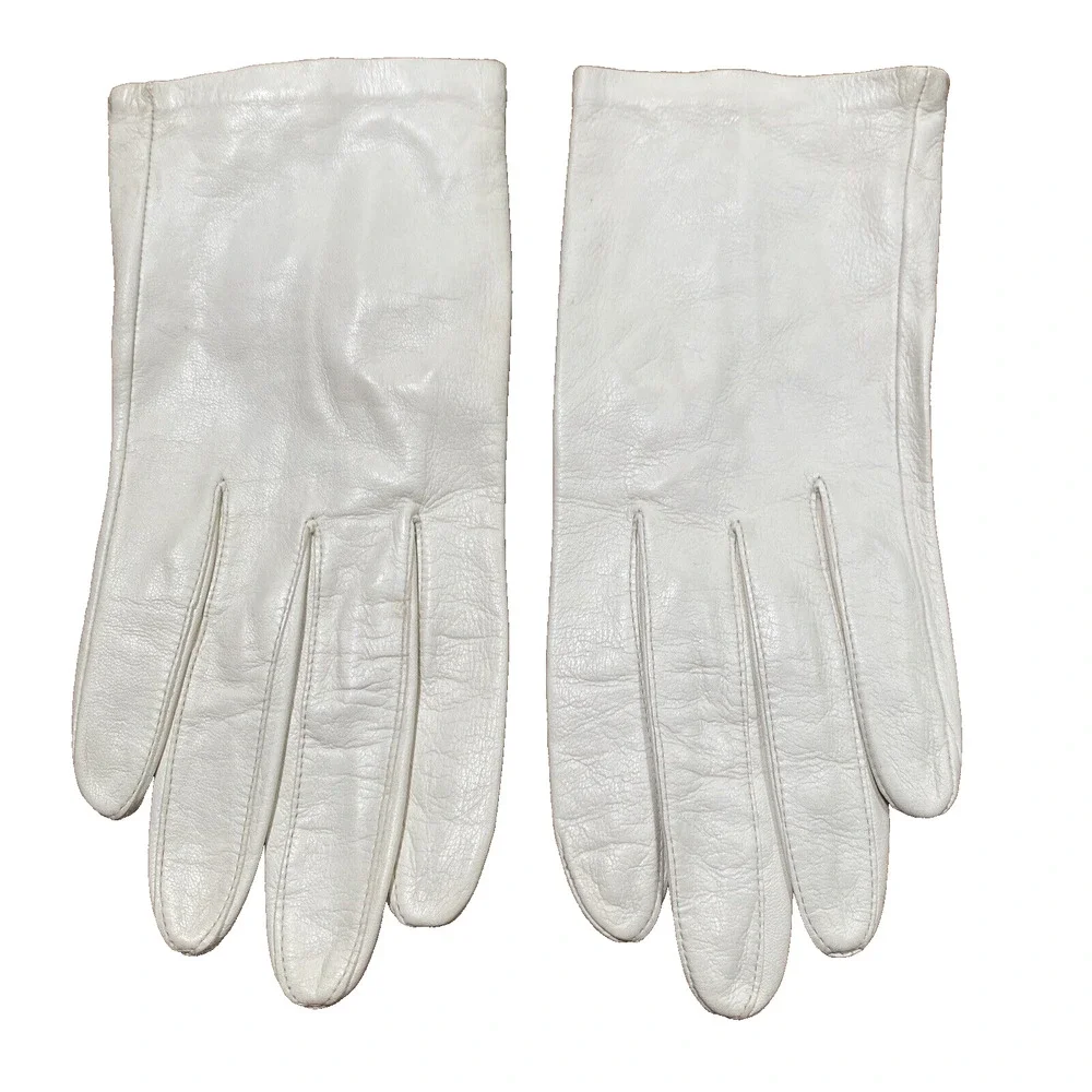 Vintage Miss Aris White Leather Gloves Size 6.5 Made in Philippines Wrist Length